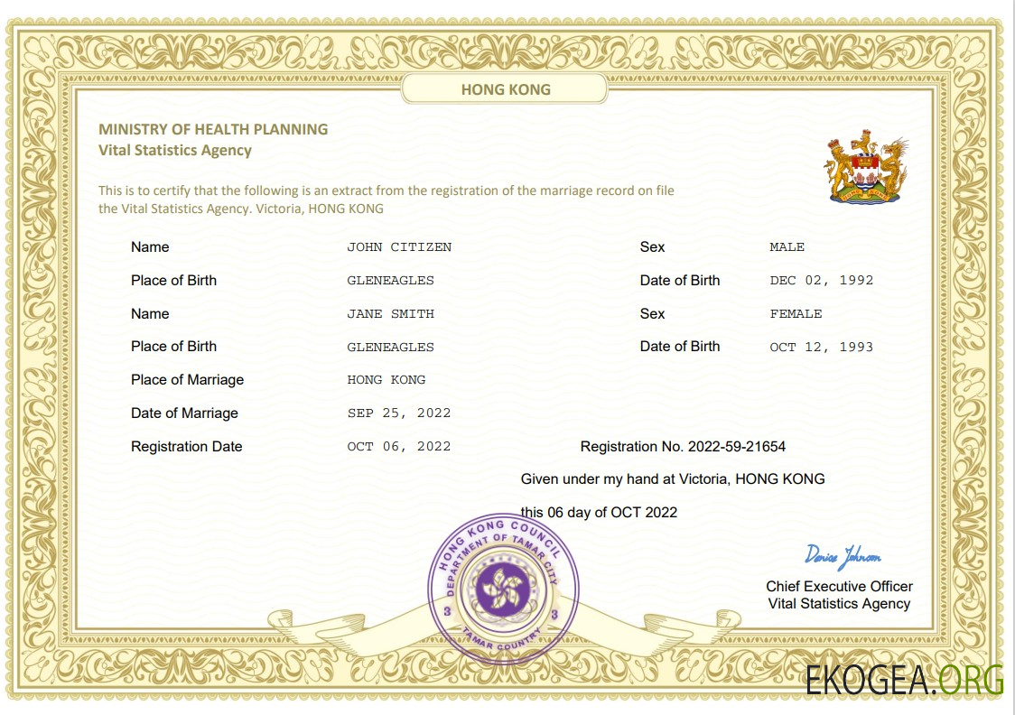 Modèle Word et PDF d'acte de mariage à Hong Kong